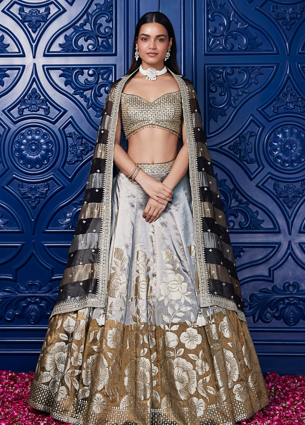 Buy brown and grey Banarasi embroidered lehenga online in USA with dupatta. Shop bridal lehengas, designer sarees, bridesmaids lehengas, designer salwar suits, wedding lehengas, wedding sarees in USA from Pure Elegance Indian fashion clothing store.-full view