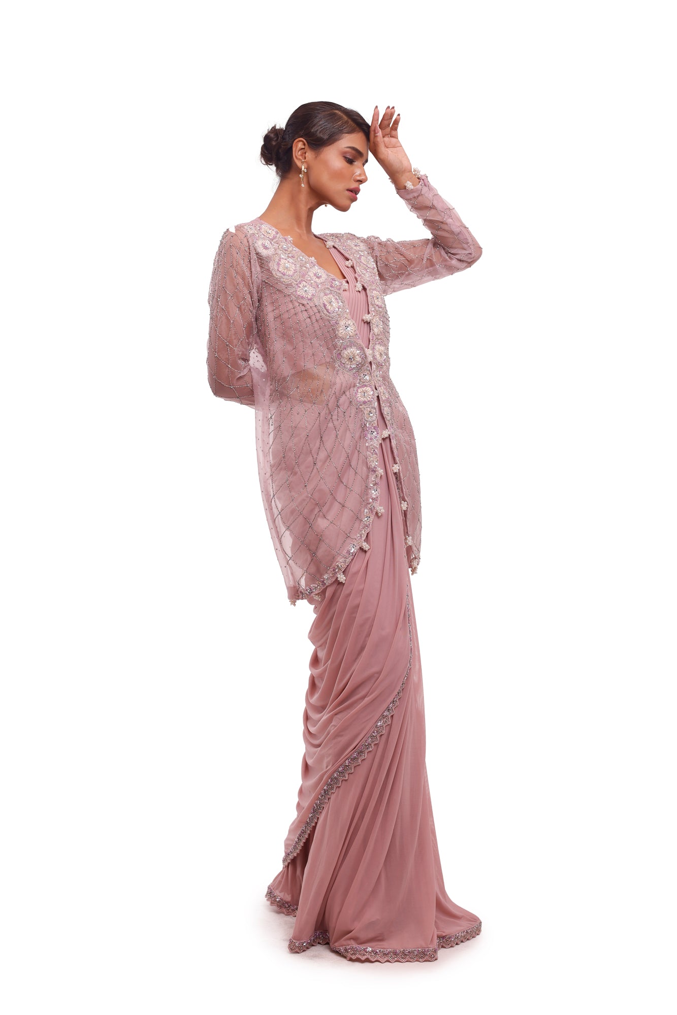 Shop beautiful dusty pink lycra embellished saree online in USA with net jacket. Look your best at parties and weddings in beautiful designer sarees, embroidered sarees, handwoven sarees, silk sarees, organza saris from Pure Elegance Indian saree store in USA.-side