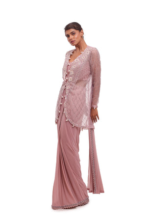 Shop beautiful dusty pink lycra embellished saree online in USA with net jacket. Look your best at parties and weddings in beautiful designer sarees, embroidered sarees, handwoven sarees, silk sarees, organza saris from Pure Elegance Indian saree store in USA.-saree