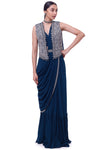 Shop navy blue embroidered georgette drape saree online in USA with jacket. Look your best at parties and weddings in beautiful designer sarees, embroidered sarees, handwoven sarees, silk sarees, organza saris from Pure Elegance Indian saree store in USA.-full view