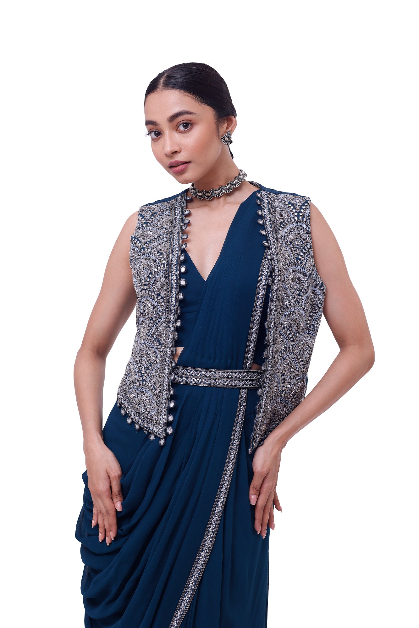 Shop navy blue embroidered georgette drape saree online in USA with jacket. Look your best at parties and weddings in beautiful designer sarees, embroidered sarees, handwoven sarees, silk sarees, organza saris from Pure Elegance Indian saree store in USA.-closeup