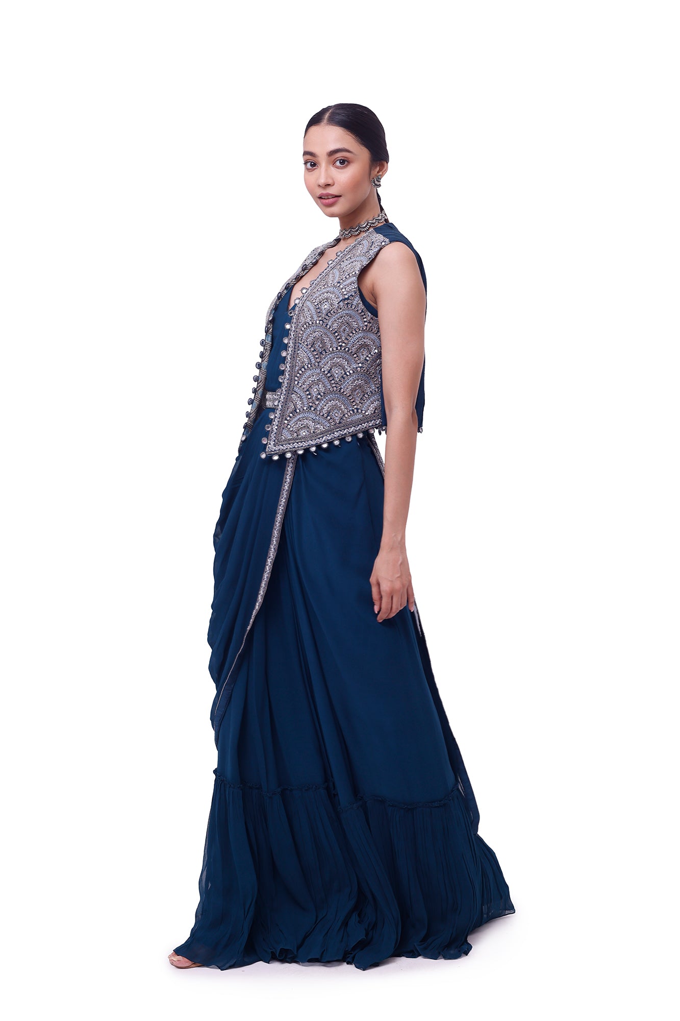 Shop navy blue embroidered georgette drape saree online in USA with jacket. Look your best at parties and weddings in beautiful designer sarees, embroidered sarees, handwoven sarees, silk sarees, organza saris from Pure Elegance Indian saree store in USA.-saree