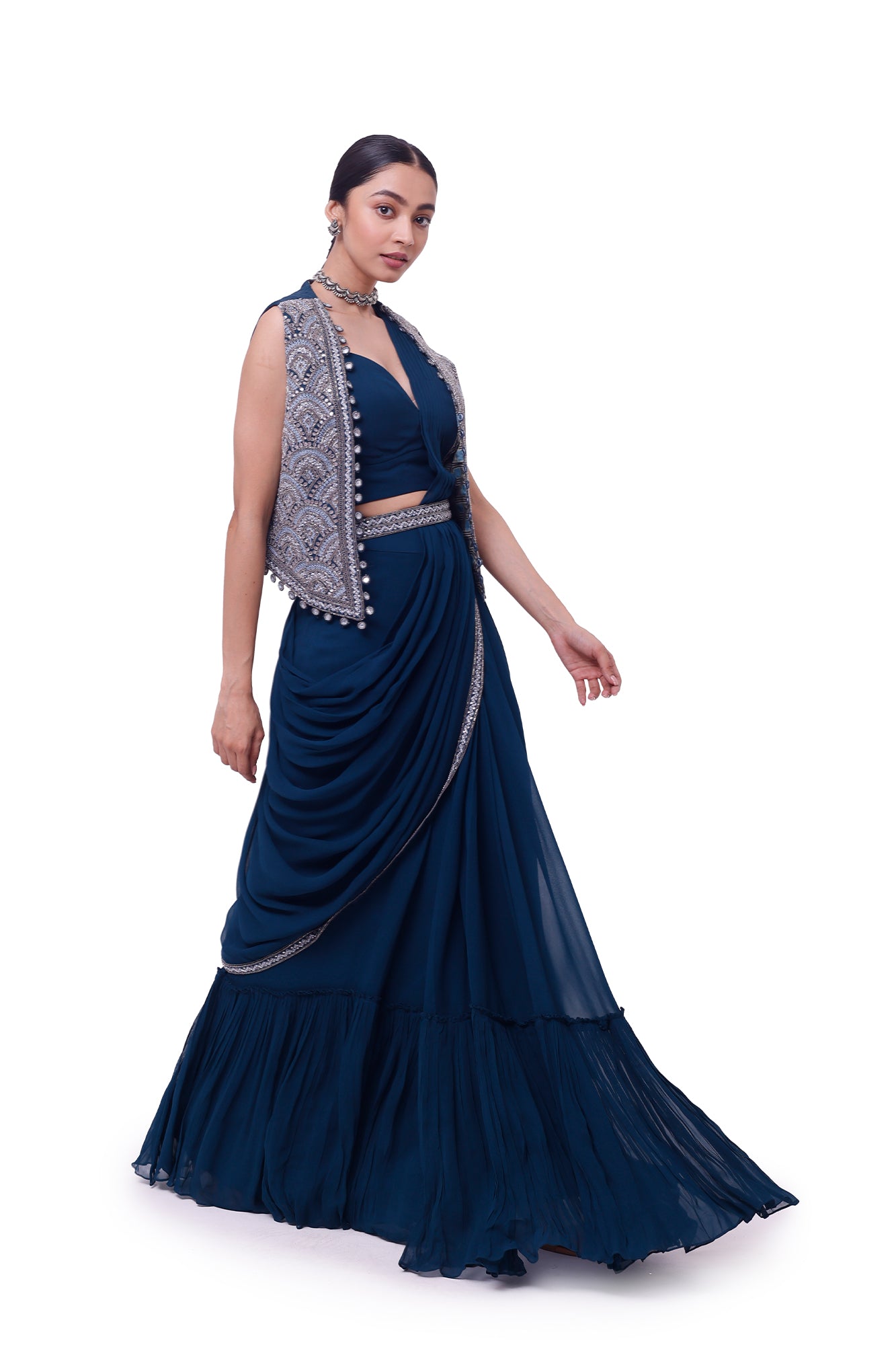Shop navy blue embroidered georgette drape saree online in USA with jacket. Look your best at parties and weddings in beautiful designer sarees, embroidered sarees, handwoven sarees, silk sarees, organza saris from Pure Elegance Indian saree store in USA.-side