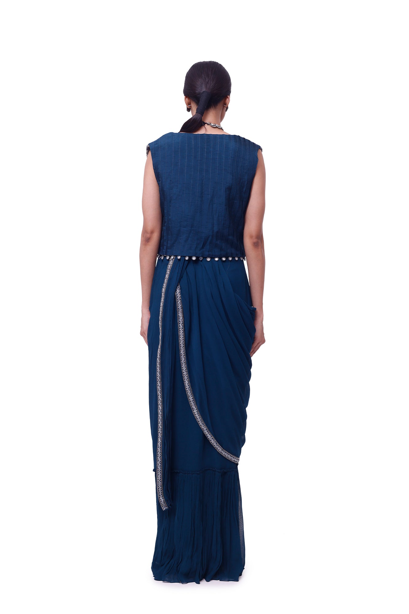 Shop navy blue embroidered georgette drape saree online in USA with jacket. Look your best at parties and weddings in beautiful designer sarees, embroidered sarees, handwoven sarees, silk sarees, organza saris from Pure Elegance Indian saree store in USA.-back
