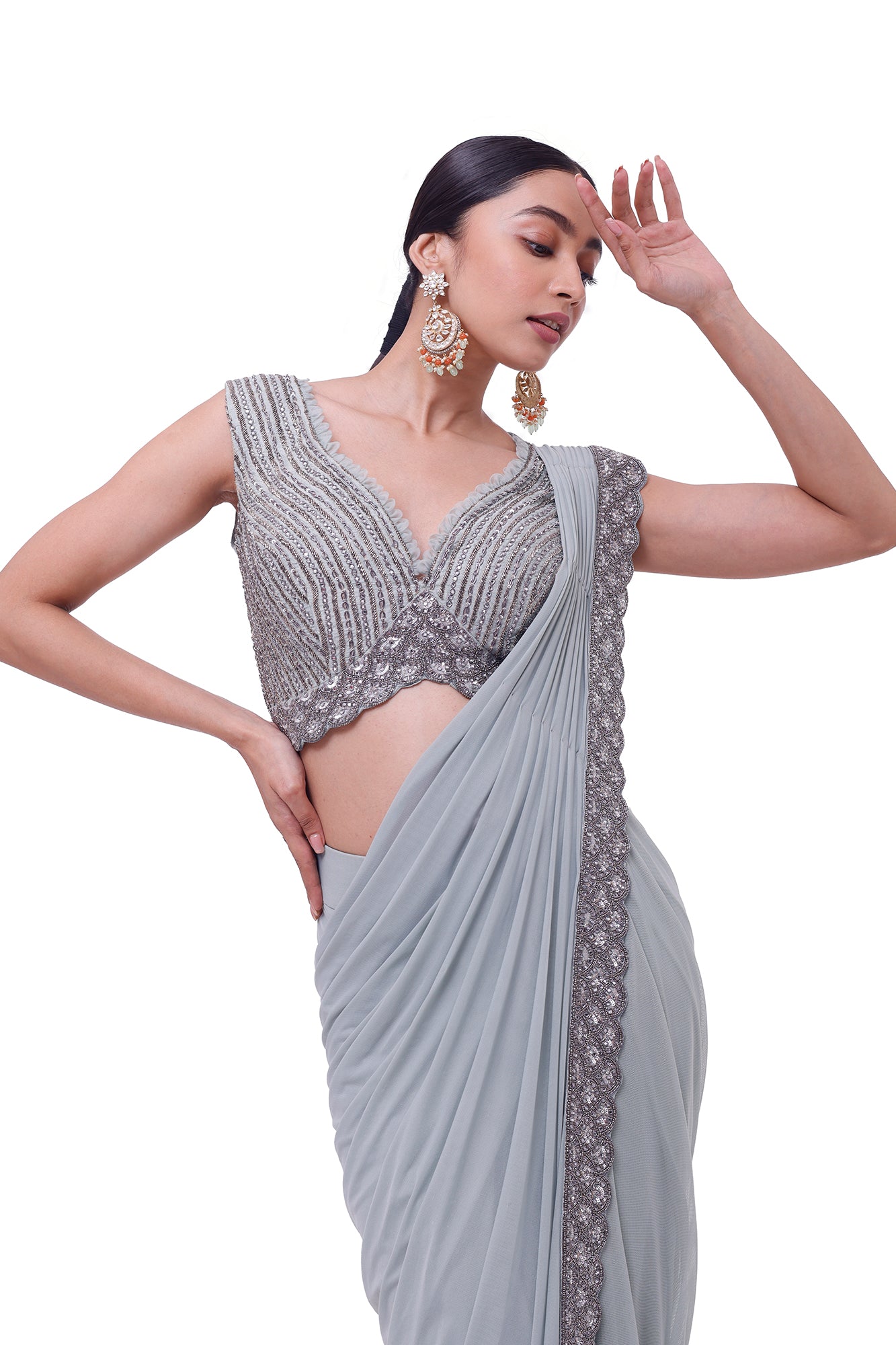 Shop powder blue embroidered drape saree online in USA with blouse. Look your best at parties and weddings in beautiful designer sarees, embroidered sarees, handwoven sarees, silk sarees, organza saris from Pure Elegance Indian saree store in USA.-closeup
