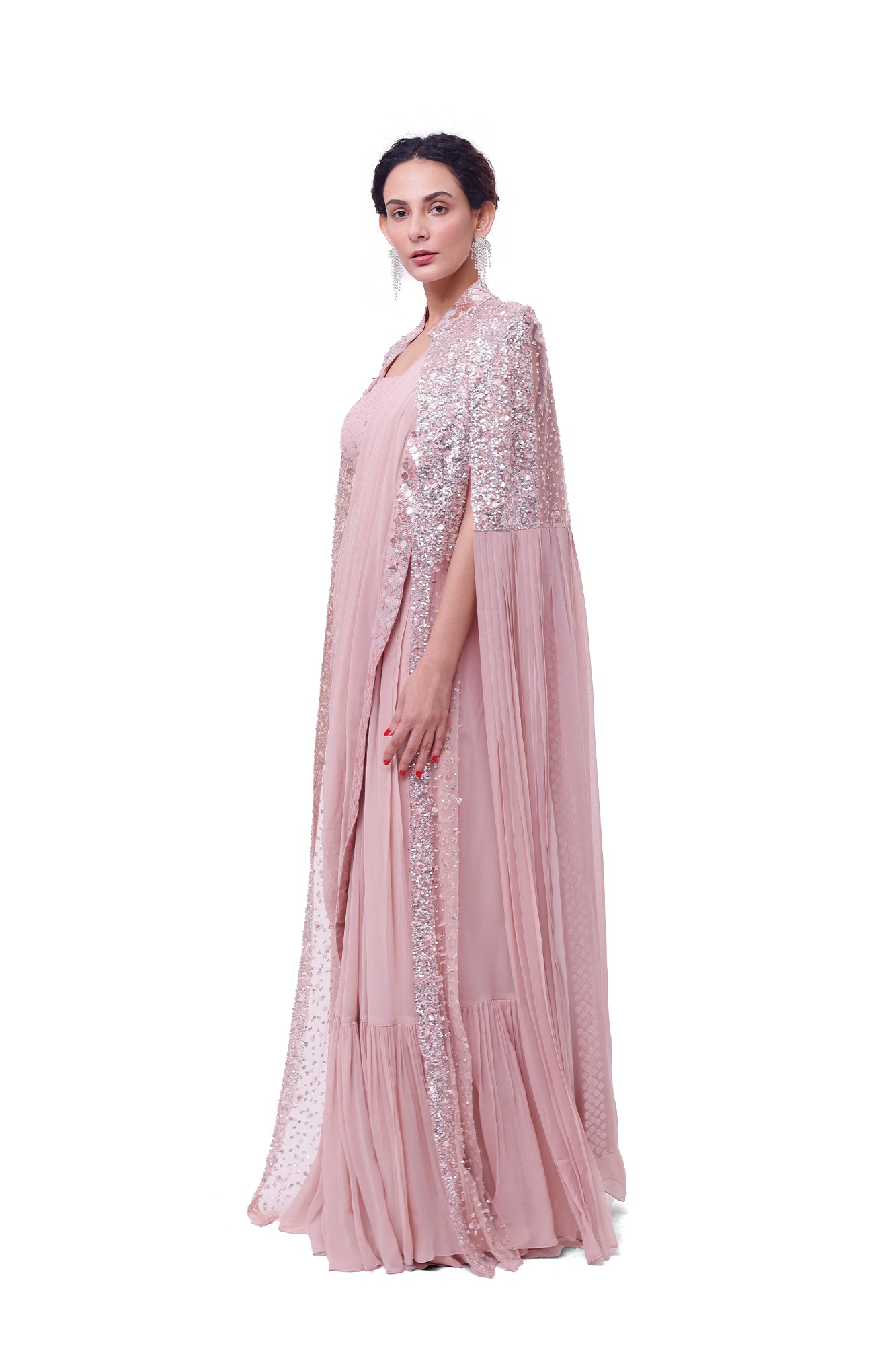 Buy light pink georgette saree online in USA with tasseled cape. Look your best at parties and weddings in beautiful designer sarees, embroidered sarees, handwoven sarees, silk sarees, organza saris from Pure Elegance Indian saree store in USA.-saree