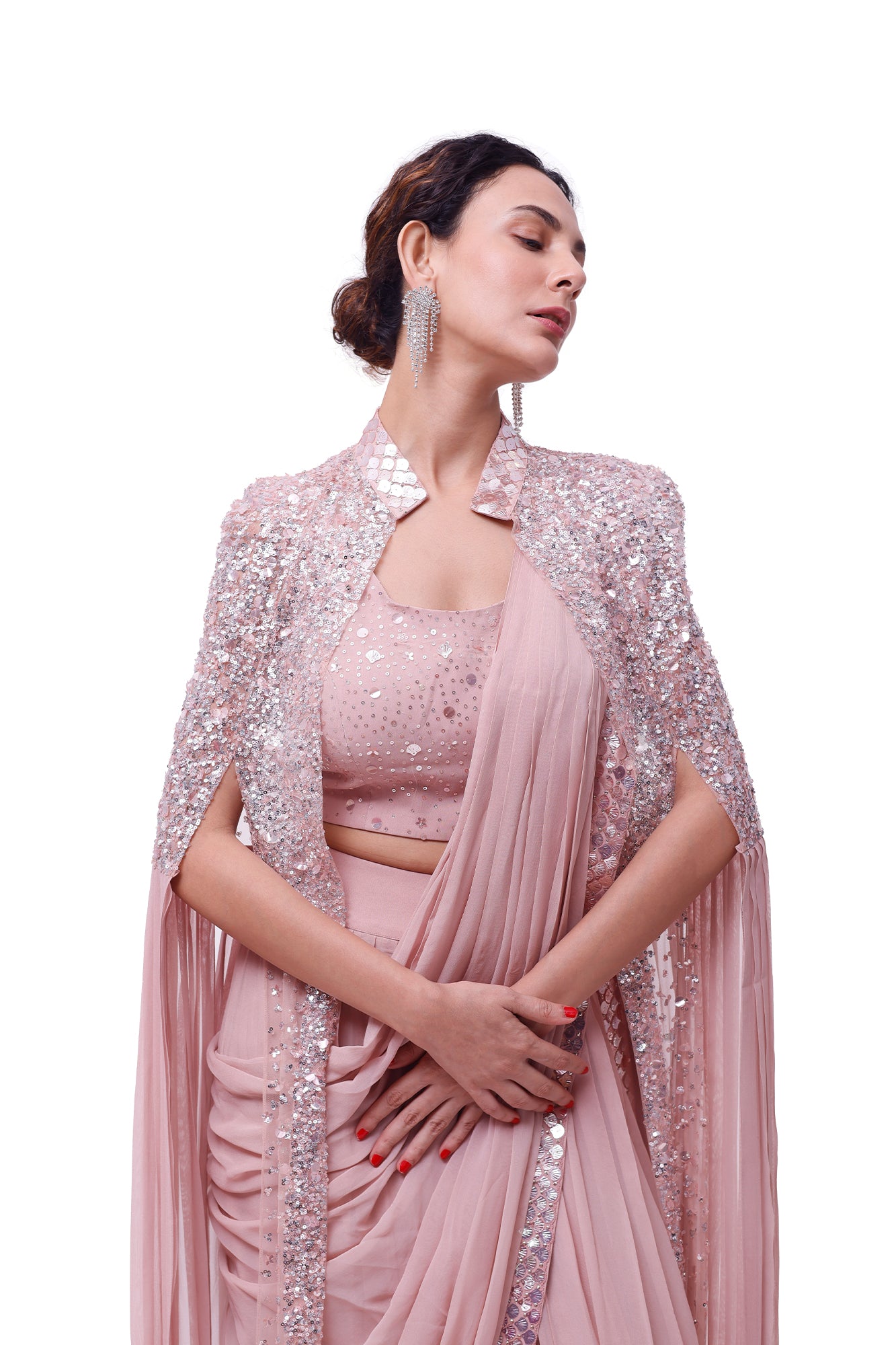 Buy light pink georgette saree online in USA with tasseled cape. Look your best at parties and weddings in beautiful designer sarees, embroidered sarees, handwoven sarees, silk sarees, organza saris from Pure Elegance Indian saree store in USA.-closeup