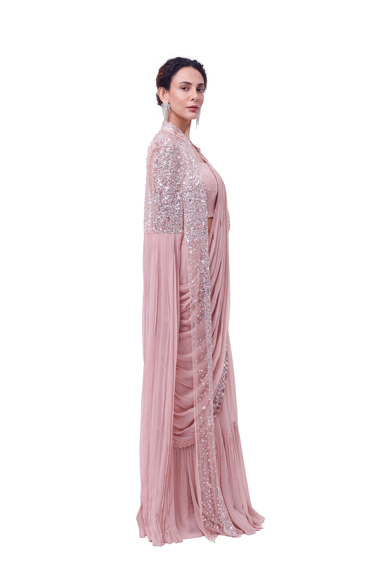 Buy light pink georgette saree online in USA with tasseled cape. Look your best at parties and weddings in beautiful designer sarees, embroidered sarees, handwoven sarees, silk sarees, organza saris from Pure Elegance Indian saree store in USA.-side