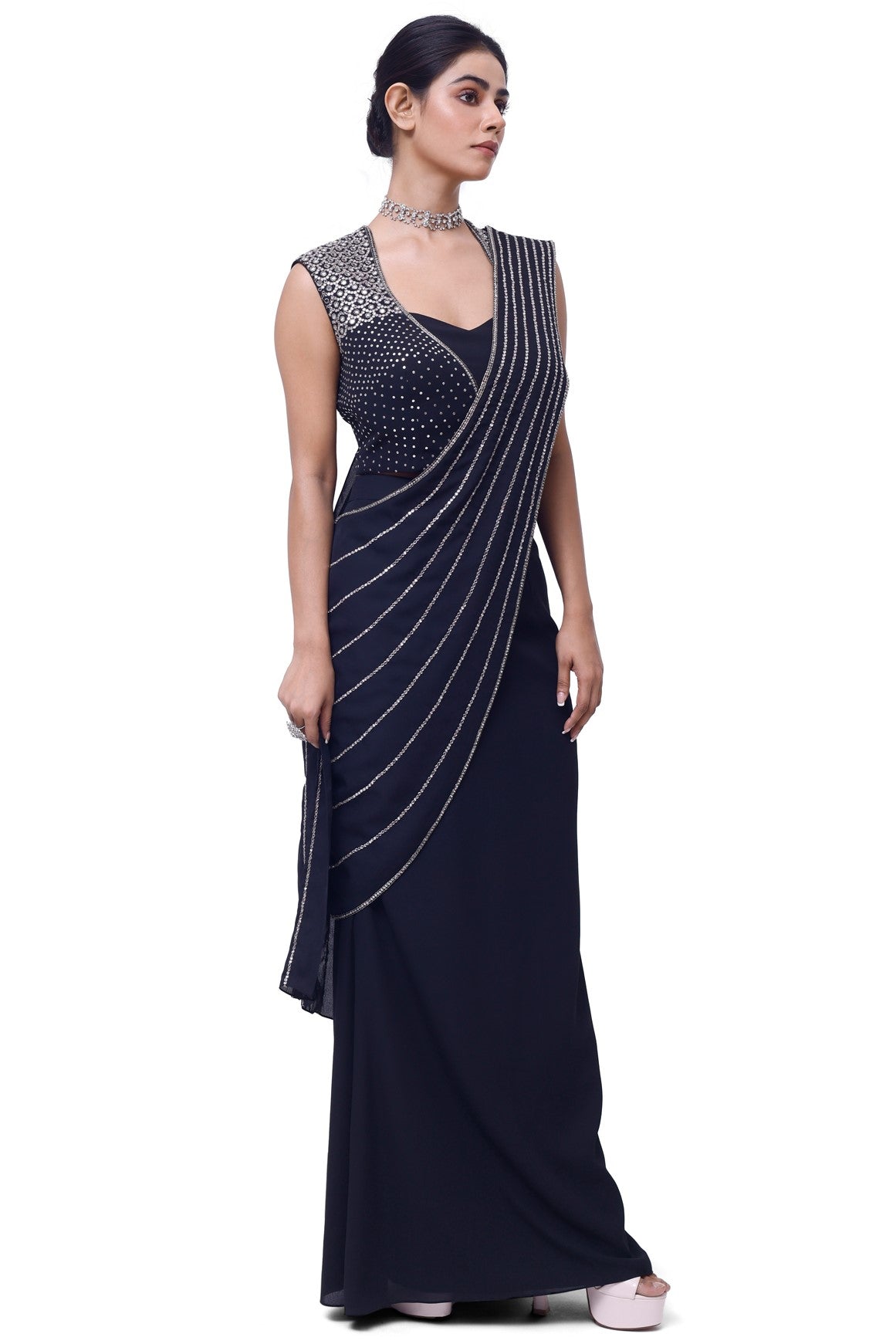 Shop navy blue side slit georgette saree online in USA. Look your best at parties and weddings in beautiful designer sarees, embroidered sarees, handwoven sarees, silk sarees, organza saris from Pure Elegance Indian saree store in USA.-full view