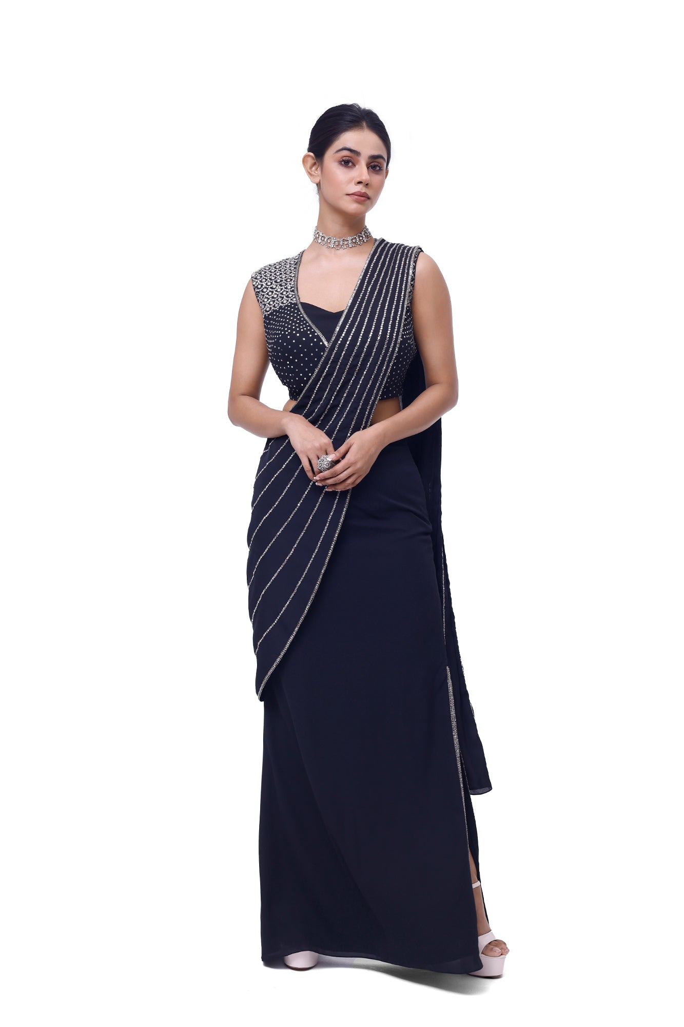 Shop navy blue side slit georgette saree online in USA. Look your best at parties and weddings in beautiful designer sarees, embroidered sarees, handwoven sarees, silk sarees, organza saris from Pure Elegance Indian saree store in USA.-front