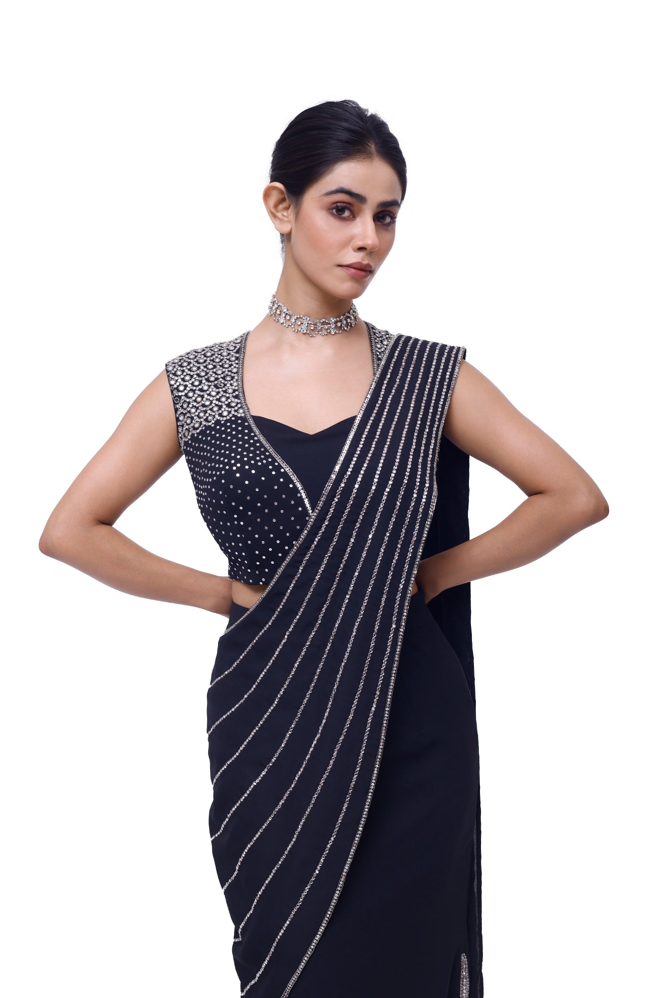 Shop navy blue side slit georgette saree online in USA. Look your best at parties and weddings in beautiful designer sarees, embroidered sarees, handwoven sarees, silk sarees, organza saris from Pure Elegance Indian saree store in USA.-closeup