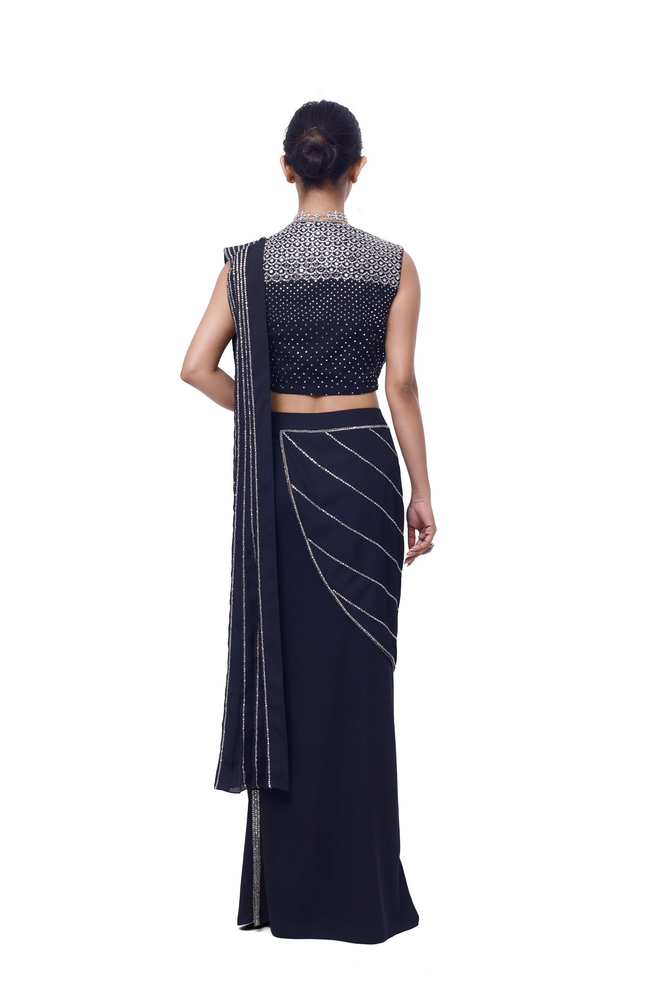 Shop navy blue side slit georgette saree online in USA. Look your best at parties and weddings in beautiful designer sarees, embroidered sarees, handwoven sarees, silk sarees, organza saris from Pure Elegance Indian saree store in USA.-back