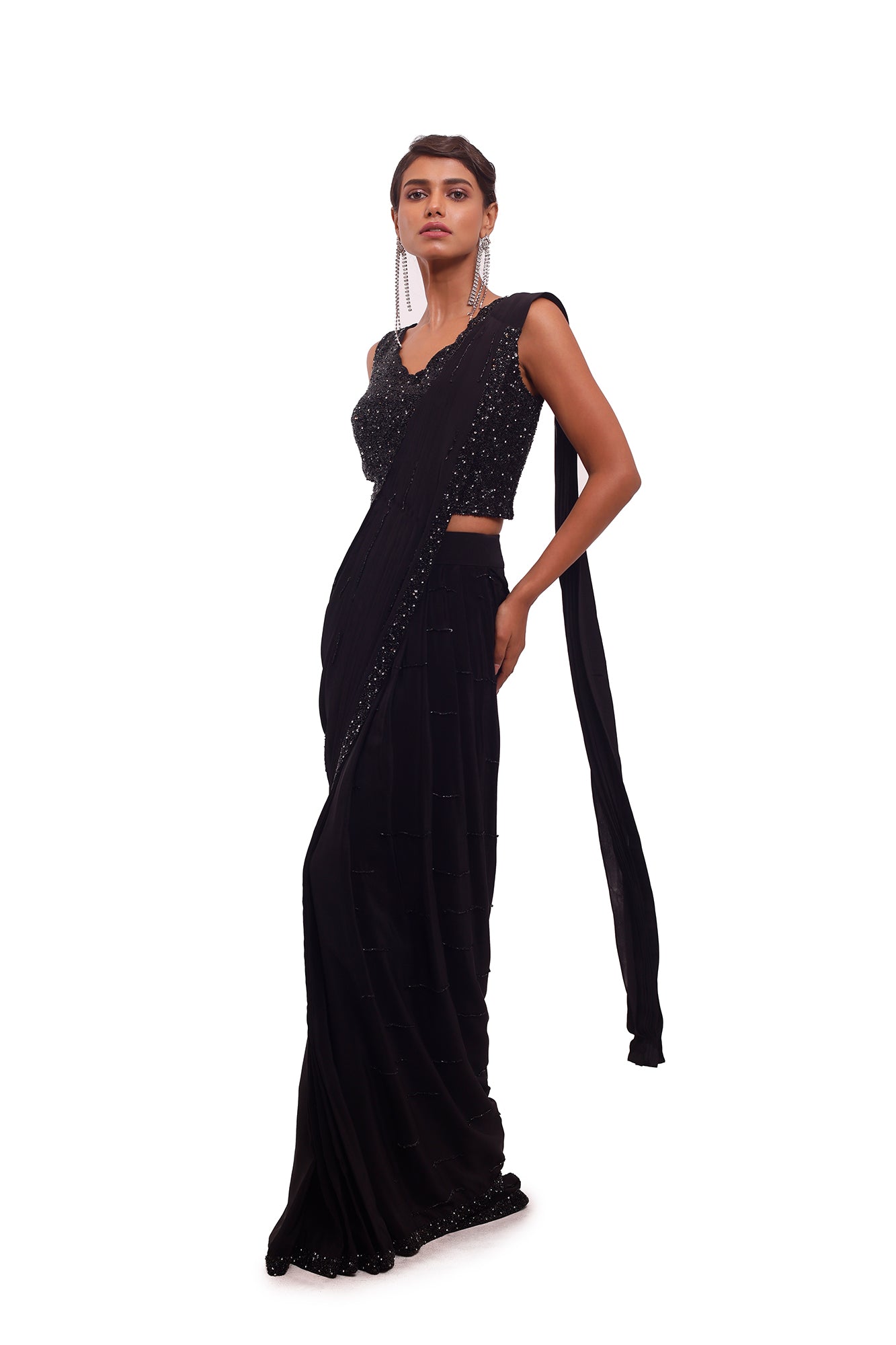 Buy beautiful black crepe draped saree online in USA with sequin blouse. Look your best at parties and weddings in beautiful designer sarees, embroidered sarees, handwoven sarees, silk sarees, organza saris from Pure Elegance Indian saree store in USA.-saree