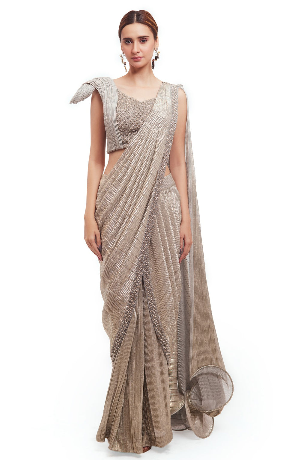 Buy grey crushed fabric draped saree online in USA with structured blouse. Look your best at parties and weddings in beautiful designer sarees, embroidered sarees, handwoven sarees, silk sarees, organza saris from Pure Elegance Indian saree store in USA.-full view