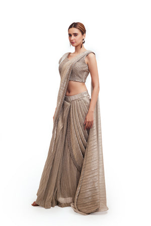 Buy grey crushed fabric draped saree online in USA with structured blouse. Look your best at parties and weddings in beautiful designer sarees, embroidered sarees, handwoven sarees, silk sarees, organza saris from Pure Elegance Indian saree store in USA.-saree