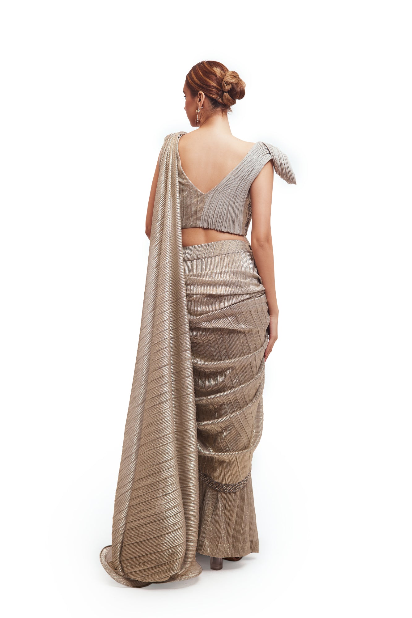 Buy grey crushed fabric draped saree online in USA with structured blouse. Look your best at parties and weddings in beautiful designer sarees, embroidered sarees, handwoven sarees, silk sarees, organza saris from Pure Elegance Indian saree store in USA.-back