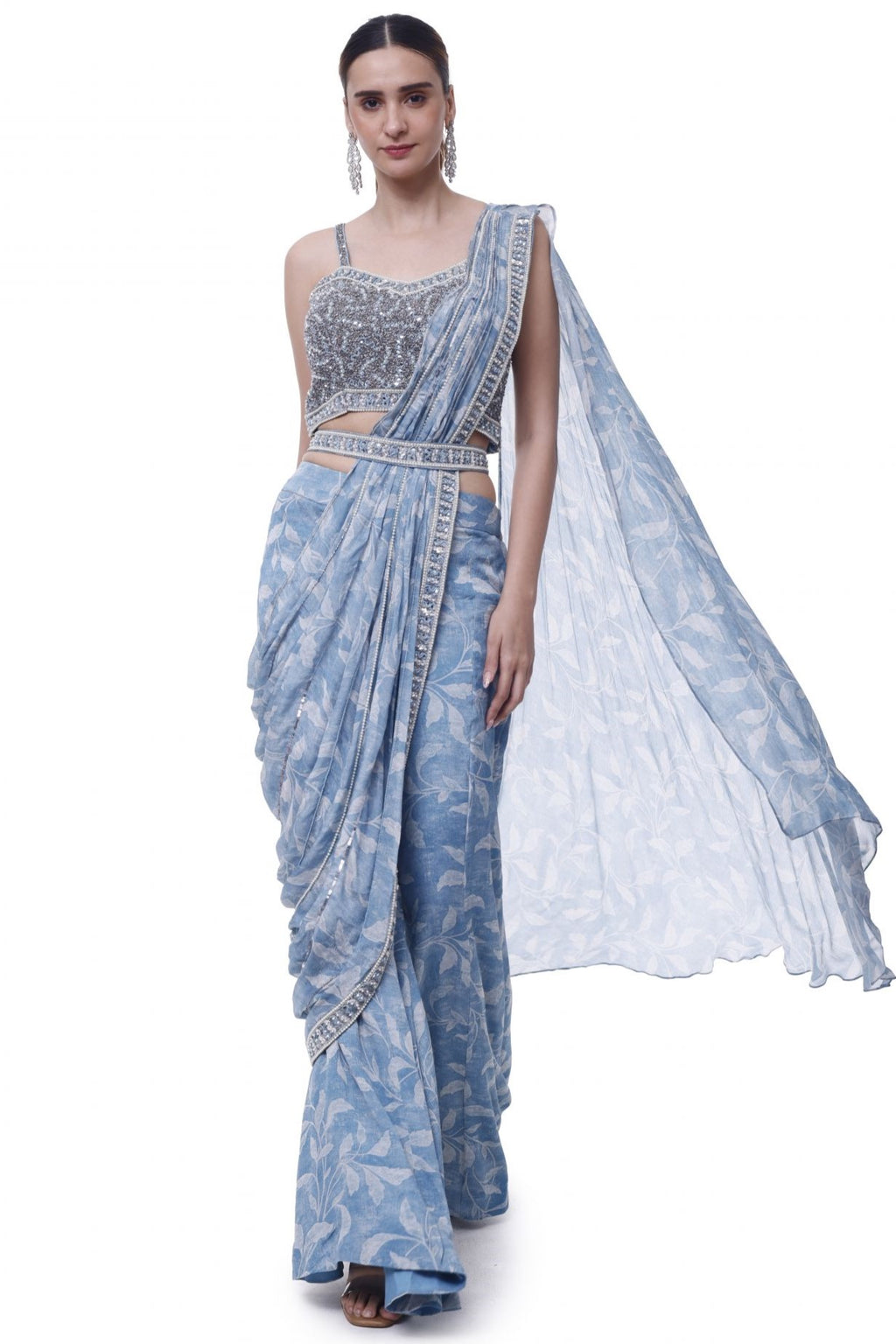 Shop light blue floral chiffon sharara drape saree online in USA. Look your best at parties and weddings in beautiful designer sarees, embroidered sarees, handwoven sarees, silk sarees, organza saris from Pure Elegance Indian saree store in USA.-full view