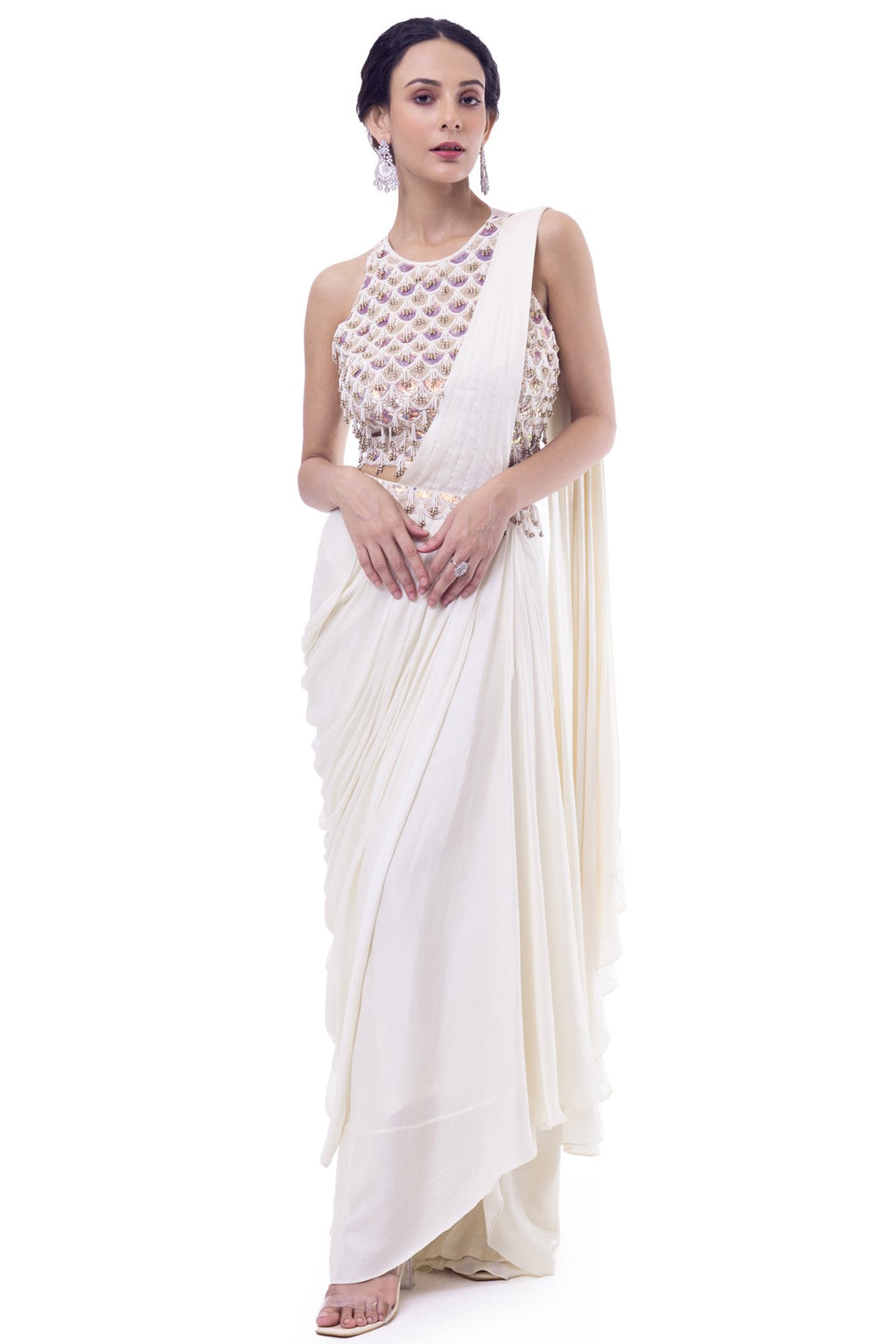 Shop beautiful cream muga silk draped saree online in USA with blouse. Look your best at parties and weddings in beautiful designer sarees, embroidered sarees, handwoven sarees, silk sarees, organza saris from Pure Elegance Indian saree store in USA.-full view