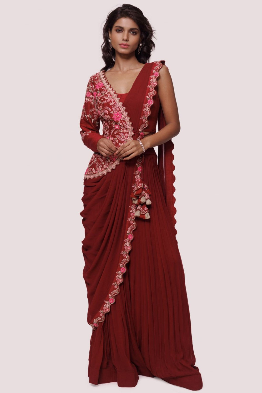 Buy beautiful dark red drape saree online in USA with embroidered half jacket. Look your best at parties and weddings in beautiful designer sarees, embroidered sarees, handwoven sarees, silk sarees, organza saris from Pure Elegance Indian saree store in USA.-full view