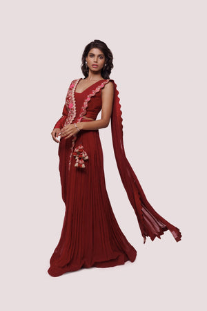 Buy beautiful dark red drape saree online in USA with embroidered half jacket. Look your best at parties and weddings in beautiful designer sarees, embroidered sarees, handwoven sarees, silk sarees, organza saris from Pure Elegance Indian saree store in USA.-saree
