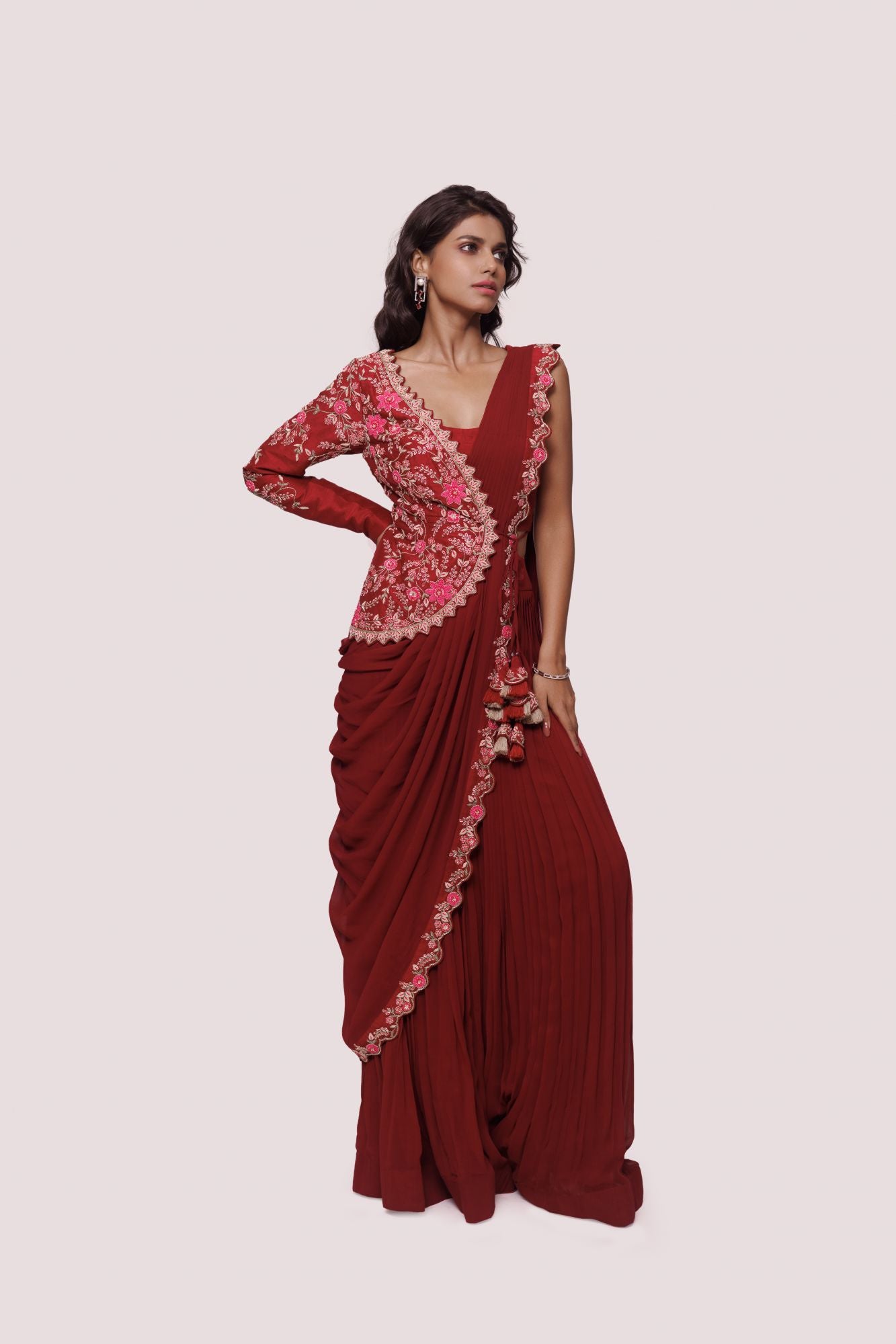 Buy beautiful dark red drape saree online in USA with embroidered half jacket. Look your best at parties and weddings in beautiful designer sarees, embroidered sarees, handwoven sarees, silk sarees, organza saris from Pure Elegance Indian saree store in USA.-side