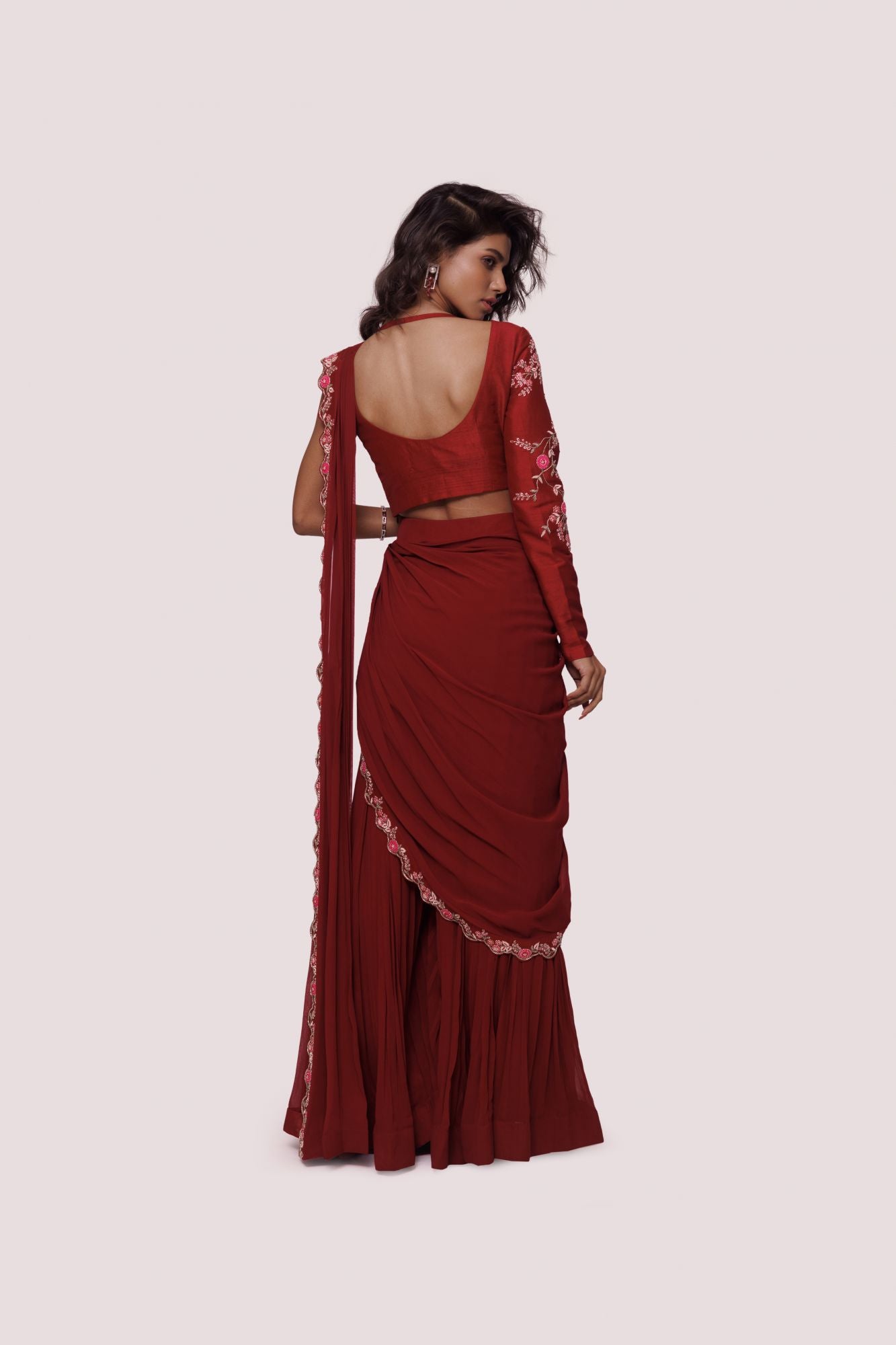 Buy beautiful dark red drape saree online in USA with embroidered half jacket. Look your best at parties and weddings in beautiful designer sarees, embroidered sarees, handwoven sarees, silk sarees, organza saris from Pure Elegance Indian saree store in USA.-back