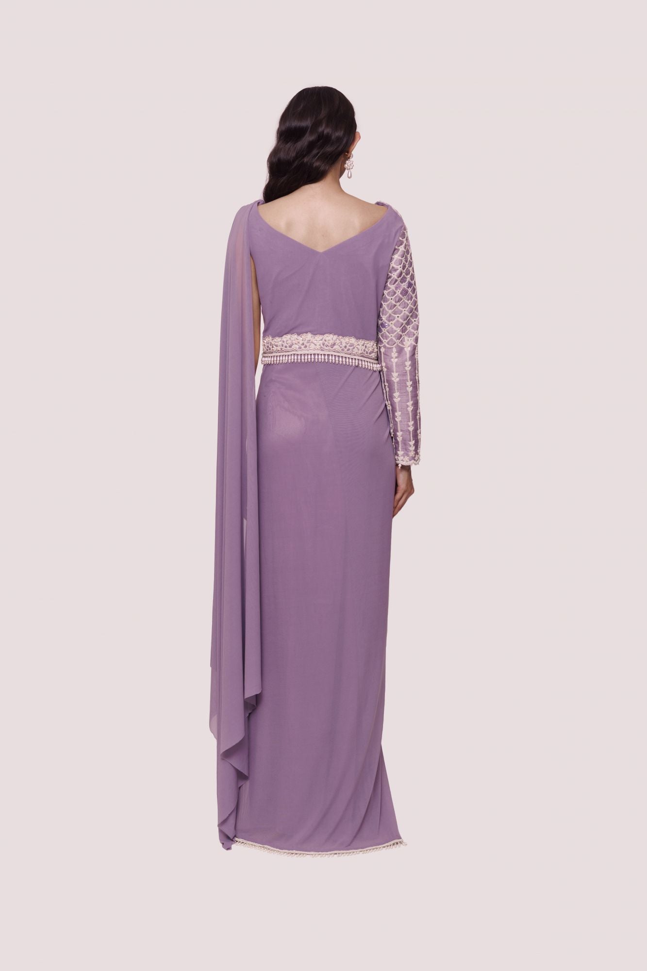 Shop beautiful lavender lycra drape saree online in USA with faux jacket. Look your best at parties and weddings in beautiful designer sarees, embroidered sarees, handwoven sarees, silk sarees, organza saris from Pure Elegance Indian saree store in USA.-back