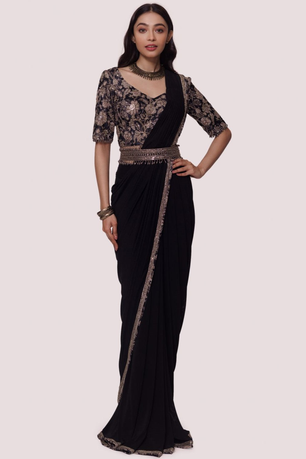 Buy beautiful black lycra net drape saree online in USA with embroidered velvet blouse. Look your best at parties and weddings in beautiful designer sarees, embroidered sarees, handwoven sarees, silk sarees, organza saris from Pure Elegance Indian saree store in USA.-full view