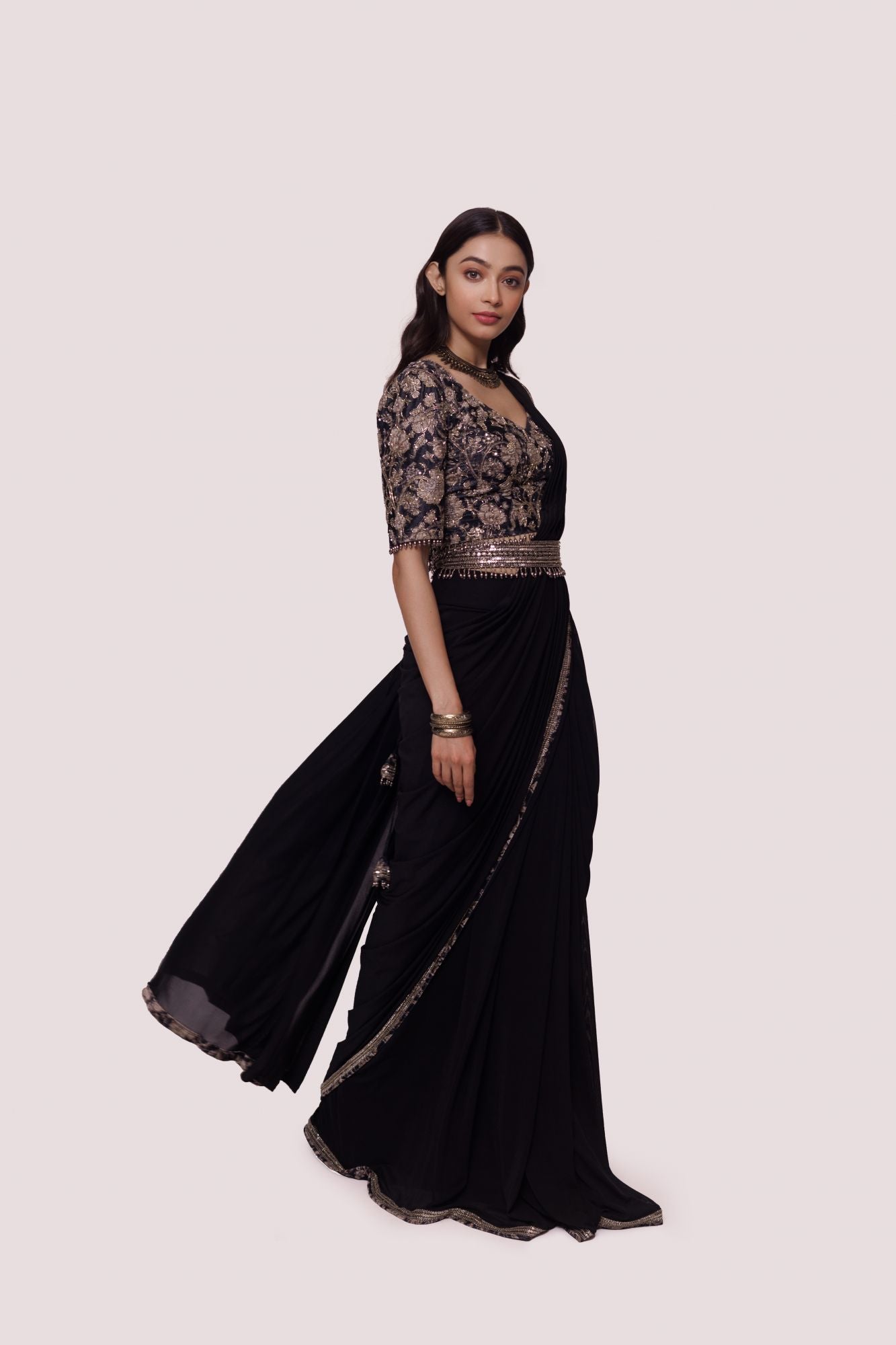 Buy beautiful black lycra net drape saree online in USA with embroidered velvet blouse. Look your best at parties and weddings in beautiful designer sarees, embroidered sarees, handwoven sarees, silk sarees, organza saris from Pure Elegance Indian saree store in USA.-side
