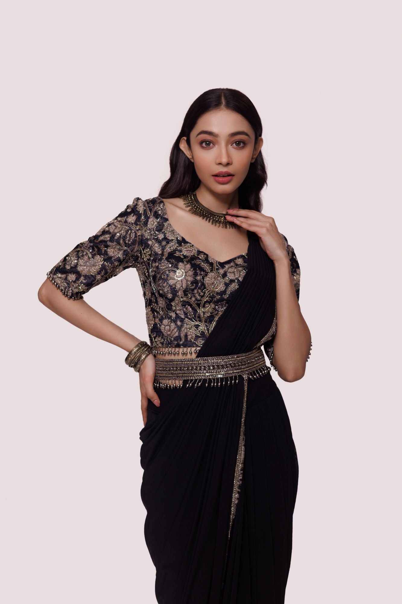 Buy beautiful black lycra net drape saree online in USA with embroidered velvet blouse. Look your best at parties and weddings in beautiful designer sarees, embroidered sarees, handwoven sarees, silk sarees, organza saris from Pure Elegance Indian saree store in USA.-closeup