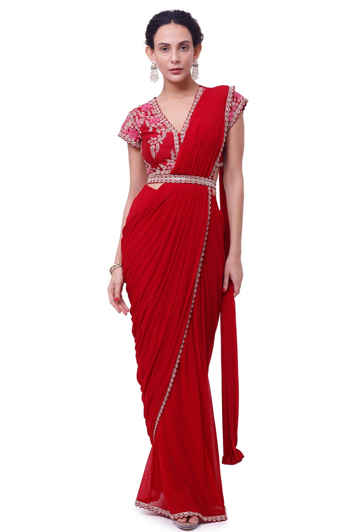 Shop ruby red zardozi lycra net drape saree online in USA with blouse. Look your best at parties and weddings in beautiful designer sarees, embroidered sarees, handwoven sarees, silk sarees, organza saris from Pure Elegance Indian saree store in USA.-full view