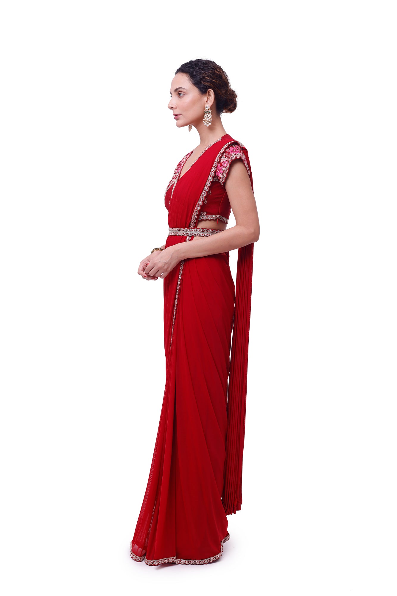 Shop ruby red zardozi lycra net drape saree online in USA with blouse. Look your best at parties and weddings in beautiful designer sarees, embroidered sarees, handwoven sarees, silk sarees, organza saris from Pure Elegance Indian saree store in USA.-saree