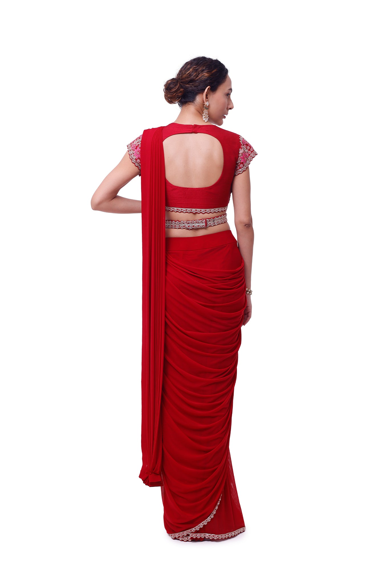 Shop ruby red zardozi lycra net drape saree online in USA with blouse. Look your best at parties and weddings in beautiful designer sarees, embroidered sarees, handwoven sarees, silk sarees, organza saris from Pure Elegance Indian saree store in USA.-back