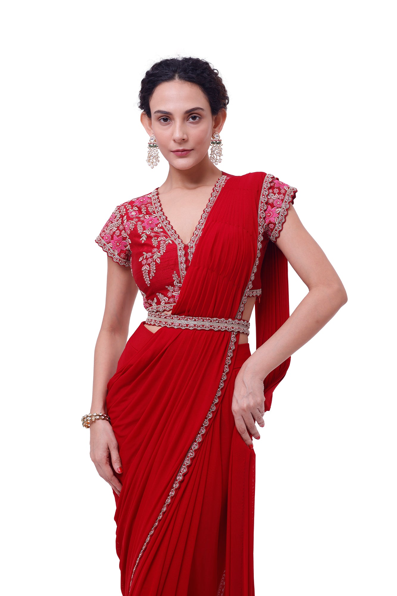 Shop ruby red zardozi lycra net drape saree online in USA with blouse. Look your best at parties and weddings in beautiful designer sarees, embroidered sarees, handwoven sarees, silk sarees, organza saris from Pure Elegance Indian saree store in USA.-closeup
