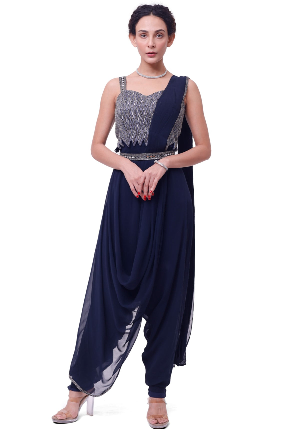 Shop beautiful navy blue embellished dhoti saree online in USA with blouse. Look your best at parties and weddings in beautiful designer sarees, embroidered sarees, handwoven sarees, silk sarees, organza saris from Pure Elegance Indian saree store in USA.-full view