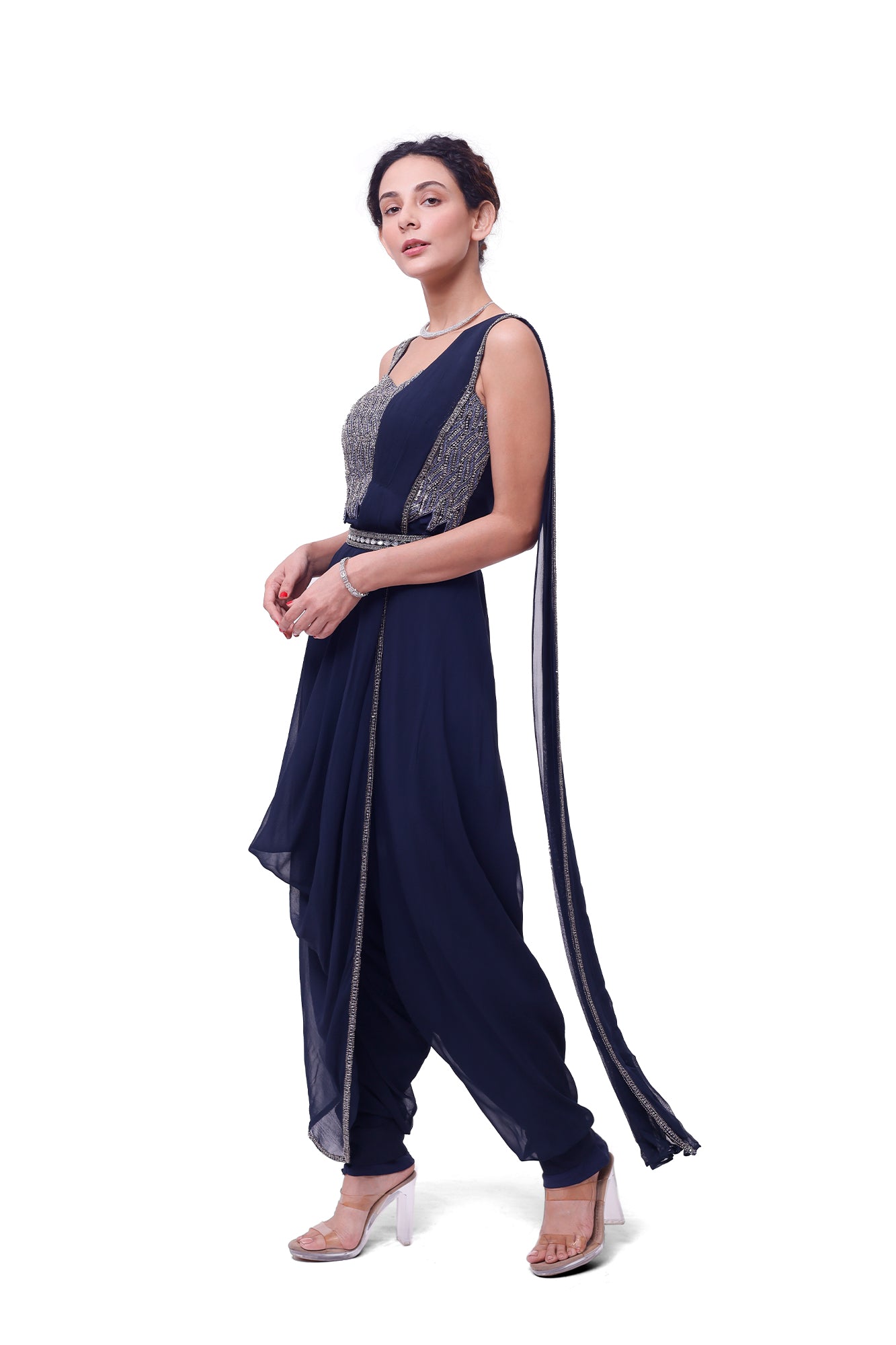 Shop beautiful navy blue embellished dhoti saree online in USA with blouse. Look your best at parties and weddings in beautiful designer sarees, embroidered sarees, handwoven sarees, silk sarees, organza saris from Pure Elegance Indian saree store in USA.-saree