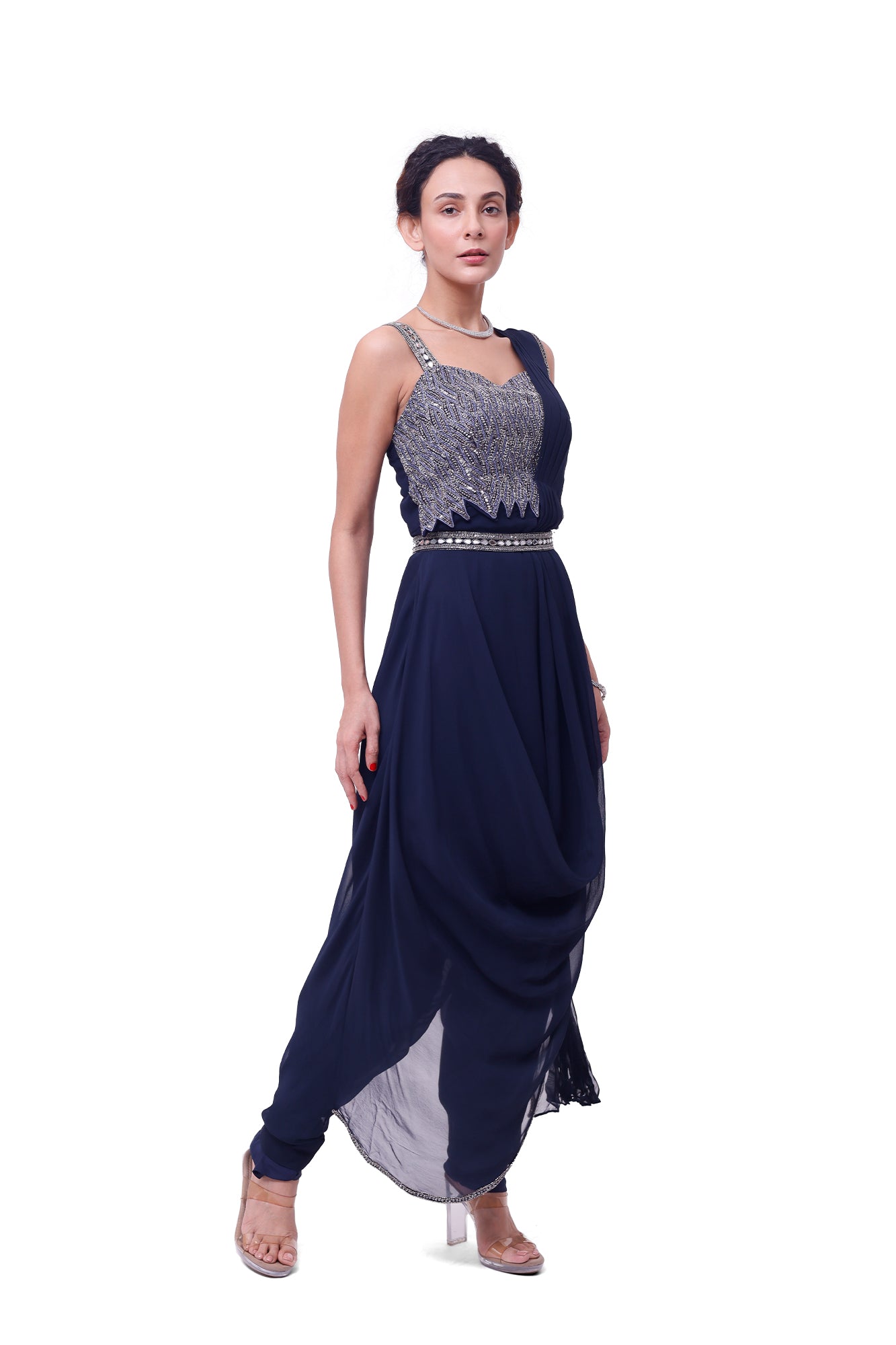 Shop beautiful navy blue embellished dhoti saree online in USA with blouse. Look your best at parties and weddings in beautiful designer sarees, embroidered sarees, handwoven sarees, silk sarees, organza saris from Pure Elegance Indian saree store in USA.-side