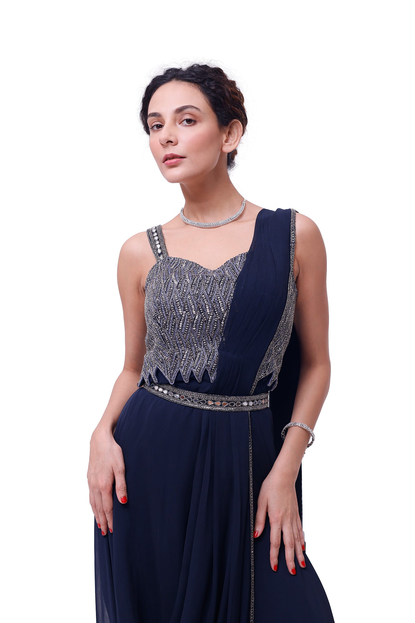Shop beautiful navy blue embellished dhoti saree online in USA with blouse. Look your best at parties and weddings in beautiful designer sarees, embroidered sarees, handwoven sarees, silk sarees, organza saris from Pure Elegance Indian saree store in USA.-closeup