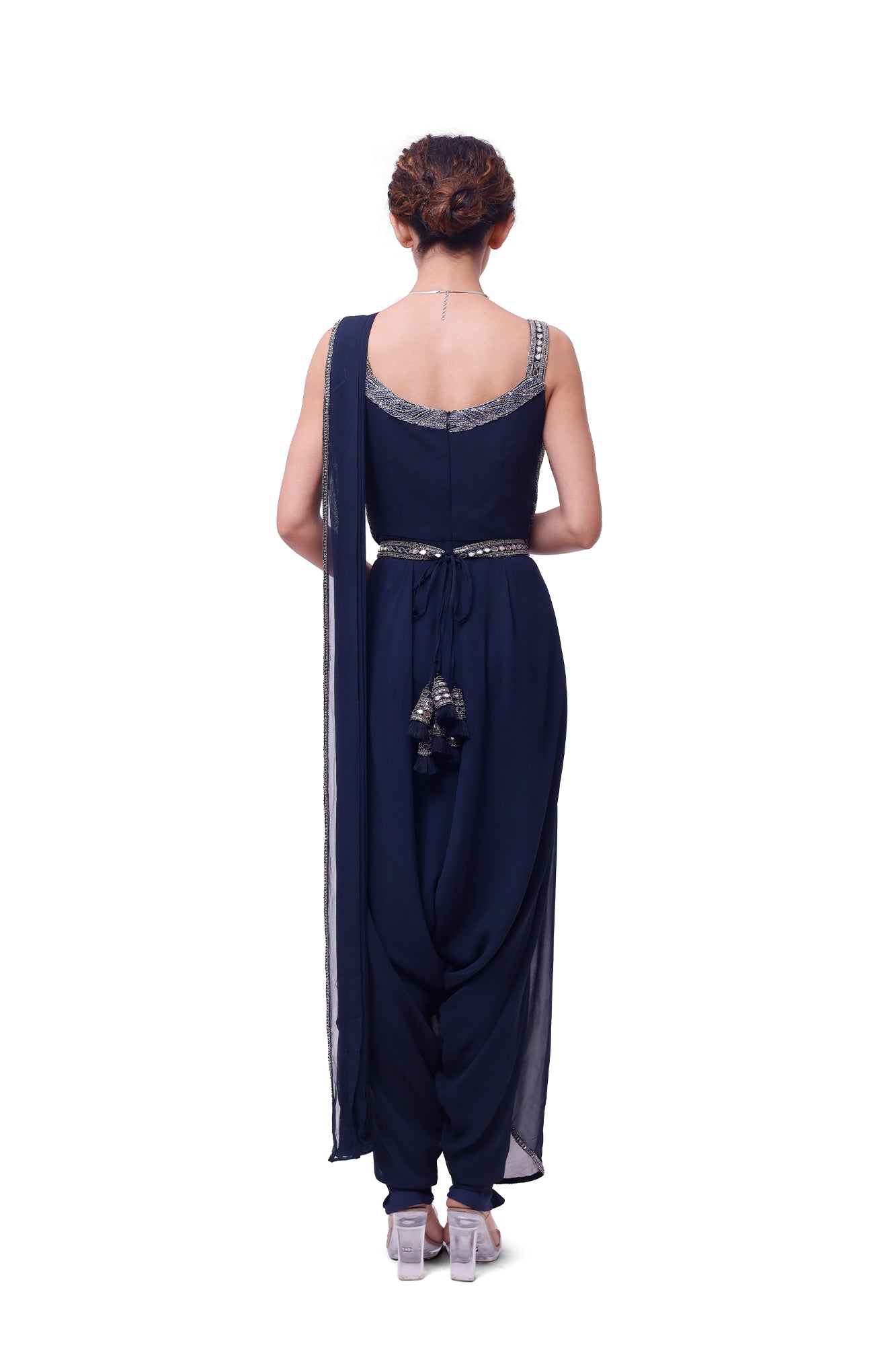 Shop beautiful navy blue embellished dhoti saree online in USA with blouse. Look your best at parties and weddings in beautiful designer sarees, embroidered sarees, handwoven sarees, silk sarees, organza saris from Pure Elegance Indian saree store in USA.-back