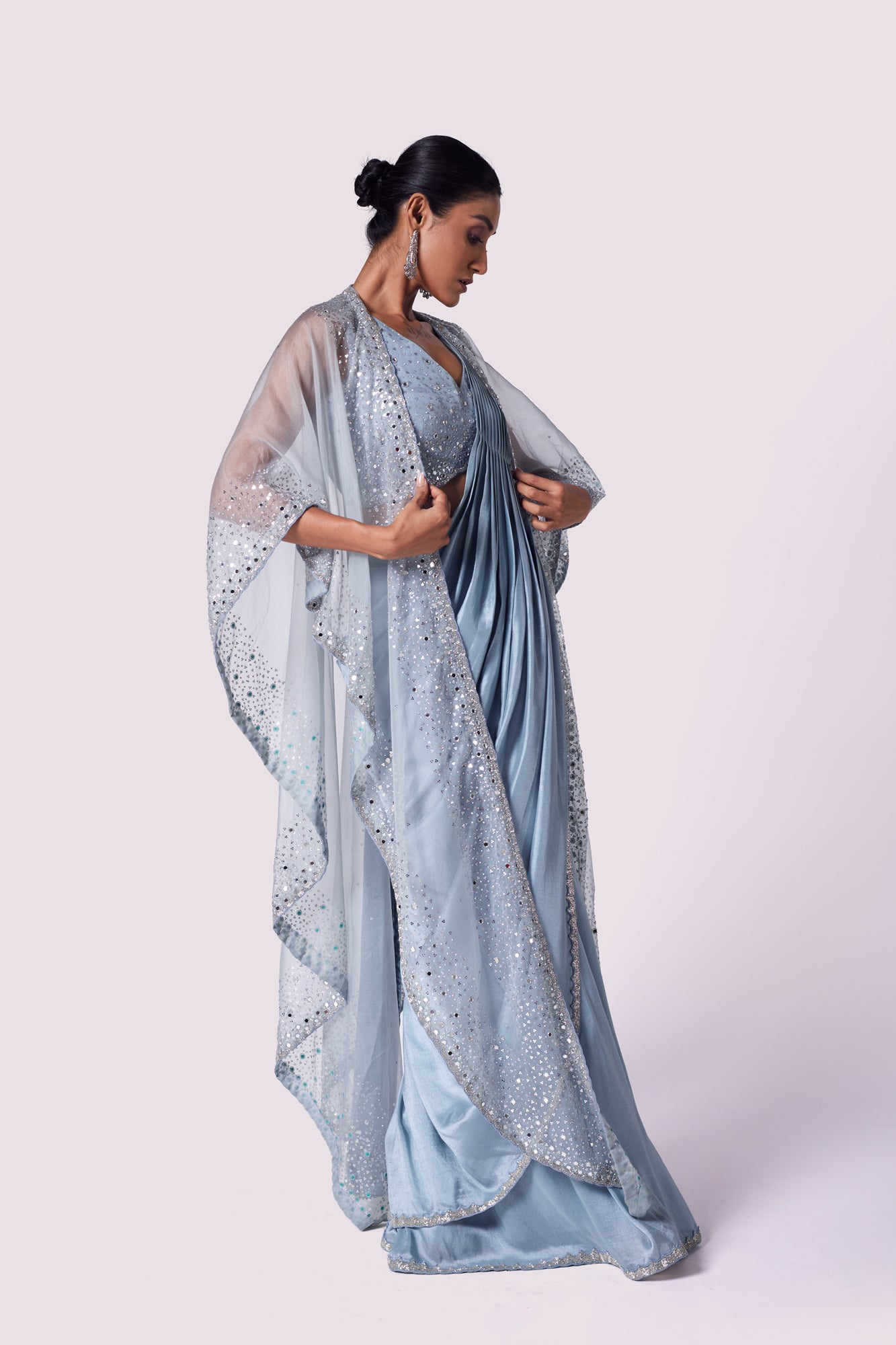 Shop Stunning Doctor Blue Lycra Drape Saree with Cape Online in USA – Pure  Elegance