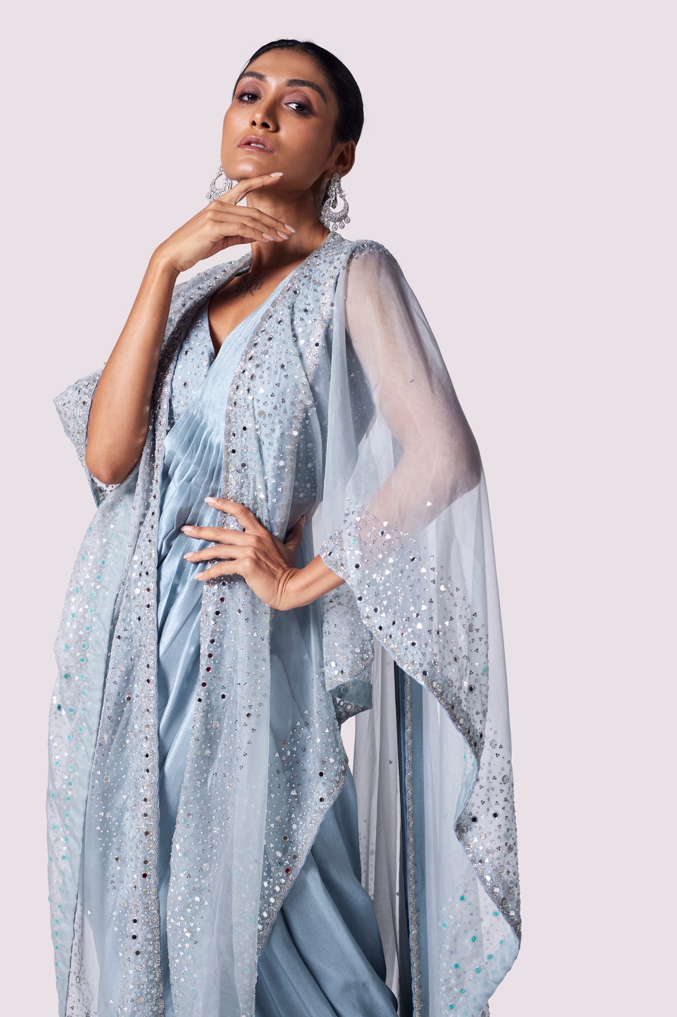 Shop stunning doctor blue lycra drape saree online in USA with cape. Look your best at parties and weddings in beautiful designer sarees, embroidered sarees, handwoven sarees, silk sarees, organza saris from Pure Elegance Indian saree store in USA.-closeup