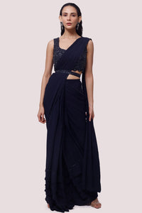 Buy navy blue embellished georgette saree online in USA with belt. Look your best at parties and weddings in beautiful designer sarees, embroidered sarees, handwoven sarees, silk sarees, organza saris from Pure Elegance Indian saree store in USA.-full view