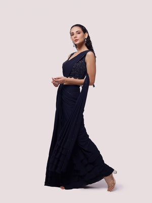 Buy navy blue embellished georgette saree online in USA with belt. Look your best at parties and weddings in beautiful designer sarees, embroidered sarees, handwoven sarees, silk sarees, organza saris from Pure Elegance Indian saree store in USA.-saree