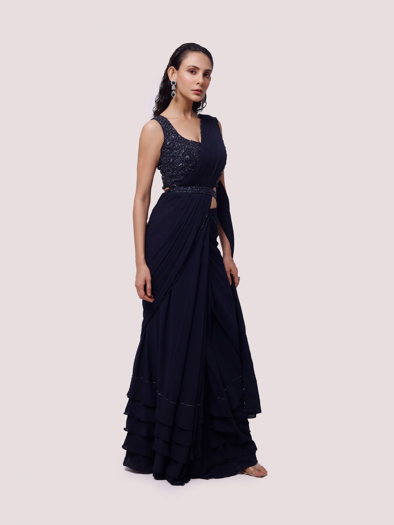 Buy navy blue embellished georgette saree online in USA with belt. Look your best at parties and weddings in beautiful designer sarees, embroidered sarees, handwoven sarees, silk sarees, organza saris from Pure Elegance Indian saree store in USA.-side