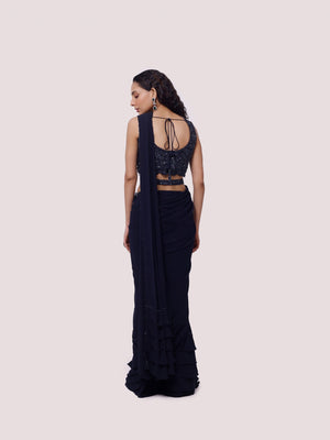Buy navy blue embellished georgette saree online in USA with belt. Look your best at parties and weddings in beautiful designer sarees, embroidered sarees, handwoven sarees, silk sarees, organza saris from Pure Elegance Indian saree store in USA.-back