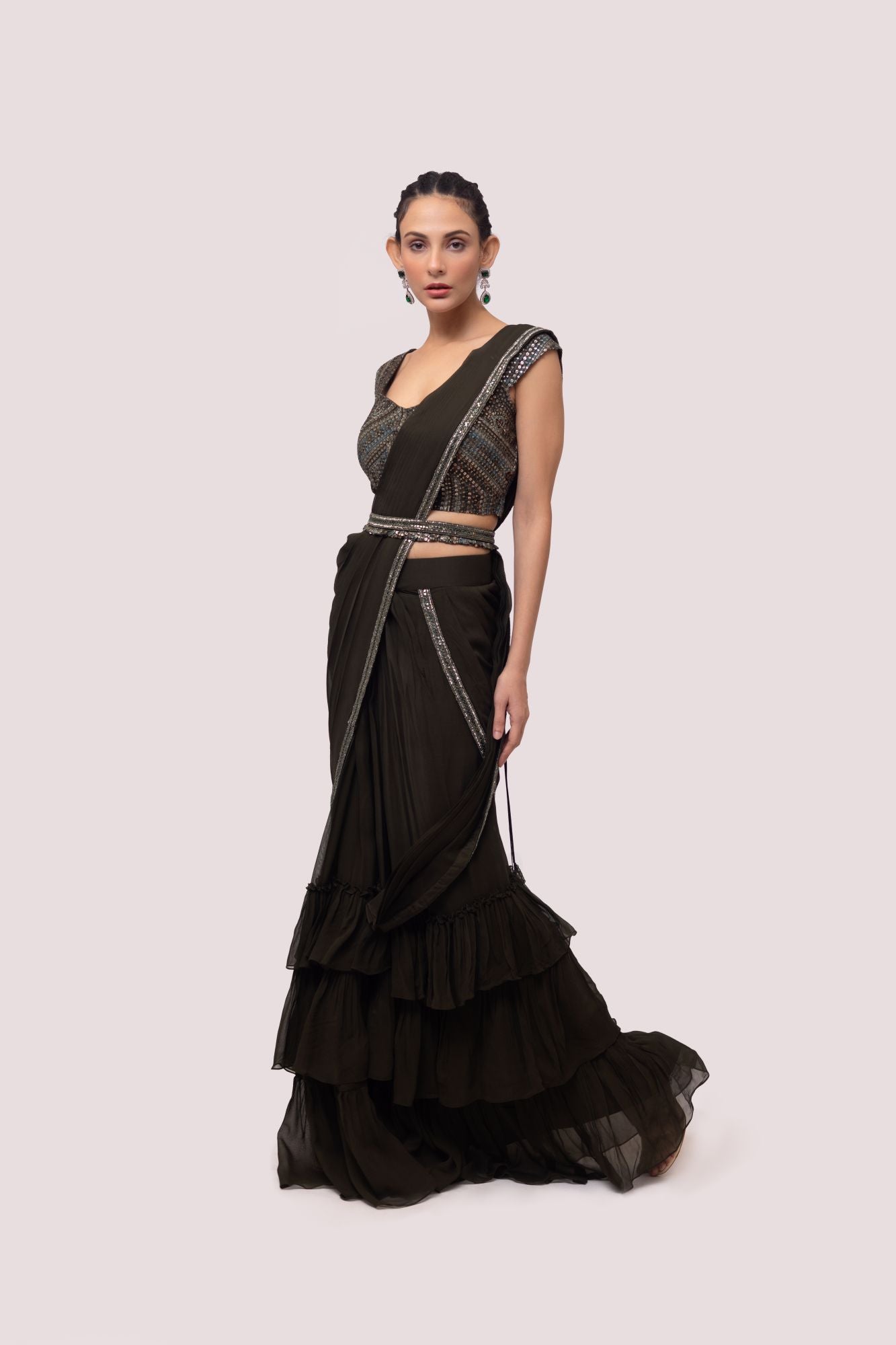 Shop olive green soft ruffle georgette saree online in USA with belt. Look your best at parties and weddings in beautiful designer sarees, embroidered sarees, handwoven sarees, silk sarees, organza saris from Pure Elegance Indian saree store in USA.-saree