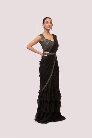Shop olive green soft ruffle georgette saree online in USA with belt. Look your best at parties and weddings in beautiful designer sarees, embroidered sarees, handwoven sarees, silk sarees, organza saris from Pure Elegance Indian saree store in USA.-side