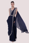 Buy beautiful navy blue georgette drape saree online in USA with belt. Look your best at parties and weddings in beautiful designer sarees, embroidered sarees, handwoven sarees, silk sarees, organza saris from Pure Elegance Indian saree store in USA.-full view
