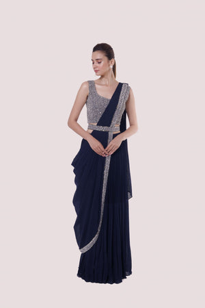 Buy beautiful navy blue georgette drape saree online in USA with belt. Look your best at parties and weddings in beautiful designer sarees, embroidered sarees, handwoven sarees, silk sarees, organza saris from Pure Elegance Indian saree store in USA.-front