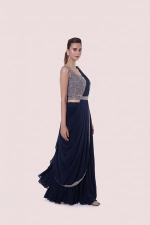 Buy beautiful navy blue georgette drape saree online in USA with belt. Look your best at parties and weddings in beautiful designer sarees, embroidered sarees, handwoven sarees, silk sarees, organza saris from Pure Elegance Indian saree store in USA.-side